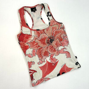 y2k Cavalli white tank top red and black floral print